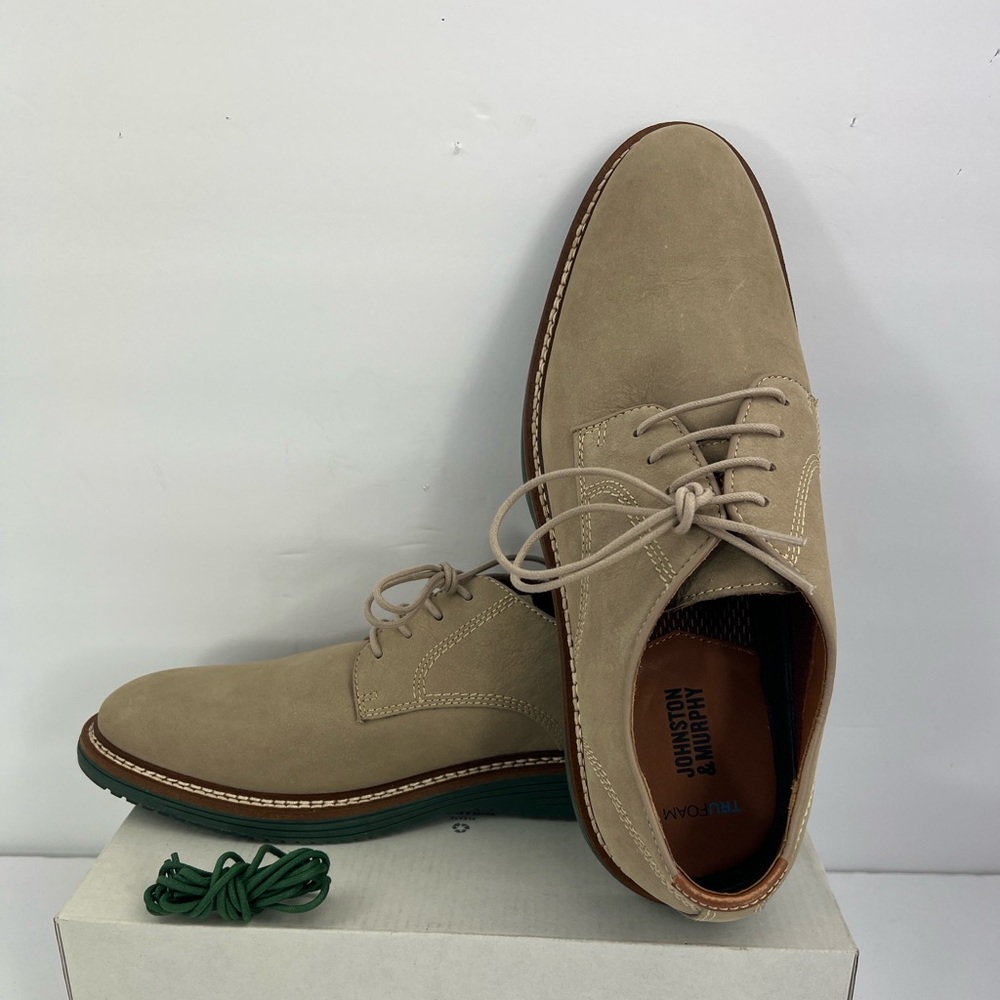 JOHNSTON & MURPHY UPTOWN PLAIN TOE DERBY SHOES,“TRUFOAM”MENS SIZE 9M TAUPE COLOR